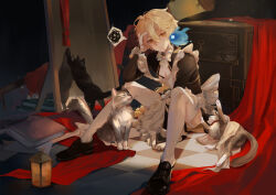 1boy aether_(genshin_impact) ahoge alternate_costume apron black_dress blonde_hair braid cat crossdressing dress enmaided genshin_impact hair_between_eyes highres kizuku_vii long_hair maid maid_apron puffy_sleeves seelie_(genshin_impact) tagme unconventional_maid white_apron yellow_eyes