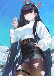 Rule 34 | 1girl, absurdres, alternate costume, belt, black belt, black hair, black halo, black pantyhose, black skirt, blue archive, blue sky, breasts, bright pupils, cloud, commentary request, cowboy shot, day, doodle sensei (blue archive), hair ornament, hairclip, halo, hand on own hip, high-waist skirt, highres, holding, korean commentary, large breasts, long hair, long sleeves, looking at viewer, miniskirt, outdoors, pantyhose, parted lips, pencil skirt, pinky out, puffy long sleeves, puffy sleeves, red eyes, ringed eyes, rio (blue archive), sensei (blue archive), skirt, sky, solo, standing, sweater, thigh belt, thigh strap, torn clothes, torn pantyhose, turtleneck, turtleneck sweater, very long hair, white pupils, white sweater, yoco0917