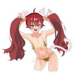 1girl absurdres alternate_hairstyle bikini breasts bunching_hair cat_tail cleavage eris_greyrat fang gold_bikini heart heart-shaped_pupils highres legs long_hair looking_at_viewer medium_breasts mushoku_tensei navel open_mouth playing_with_own_hair red_eyes red_hair side-tie_bikini_bottom sideboob smile solo swimsuit symbol-shaped_pupils tail teeth thighs toned tongue twintails very_long_hair