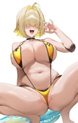 1girl absurdres areola_slip bare_shoulders blonde_hair blush breasts elegg_(boom_and_shock)_(nikke) elegg_(nikke) eyes_visible_through_hair goddess_of_victory:_nikke hair_intakes hair_over_eyes hand_up heart highres huge_breasts looking_at_viewer navel official_alternate_costume one-piece_swimsuit open_mouth partially_visible_vulva samart sideboob simple_background slingshot_swimsuit smile solo squatting stomach swimsuit thighs tongue white_background yellow_one-piece_swimsuit