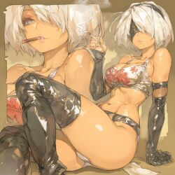 1girl 2b_(nier:automata) alternate_costume bare_shoulders black_blindfold black_hairband black_thighhighs blindfold boots breasts cl10000x cleavage clothing_cutout covered_eyes crossed_legs elbow_gloves floral_print gloves hairband mole mole_under_mouth multiple_views nier:automata nier_(series) short_hair smoking solo tank_top thighhighs white_hair