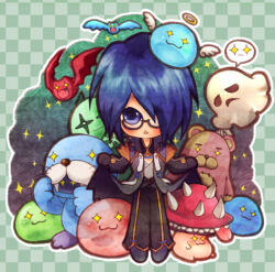 +_+ 1boy archangeling bat_(animal) black-framed_eyewear black_gloves black_pants black_shoes blue_eyes blue_hair checkered_background chibi chibi_only coat commentary_request curtsey drainliar familiar_(ragnarok_online) full_body ghost glasses gloves gobaku_no_hito green_background grey_coat grey_shirt hair_between_eyes hair_over_one_eye long_bangs looking_at_viewer male_focus marin_(ragnarok_online) mushroom open_clothes open_coat open_mouth pants poporing poring ragnarok_online roda_frog seal_(ragnarok_online) shirt shoes short_hair slime_(creature) solo spore_(ragnarok_online) stuffed_animal stuffed_toy teddy_bear teddy_bear_(ragnarok_online) triangle_mouth warlock_(ragnarok_online)