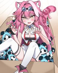 Rule 34 | 1girl, :3, animal ear fluff, animal ears, blush, box, breast cutout, brooch, cardboard, cardboard box, cat ears, cat girl, cat tail, chattino (raora panthera), claw pose, commentary, daemo72, facing viewer, fang, goggles, goggles on head, hair between eyes, highres, hololive, hololive english, in box, in container, jewelry, long hair, looking at viewer, open mouth, original, pink hair, pink nails, raora panthera, raora panthera (1st costume), sleeveless, solo, sparkle, spotted tail, tail, thighhighs, virtual youtuber, wooden floor, yellow eyes