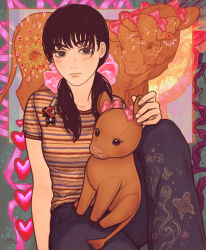 1girl absurdres artist_name black_eyes black_hair blue_pants brown_shirt chainsaw_man character_print closed_mouth commentary cow denji_(chainsaw_man) english_commentary expressionless heart highres knee_up light_blush looking_at_viewer low_twintails mitaka_asa pants pumpkingface shirt solo striped_clothes striped_shirt stuffed_animal stuffed_cow stuffed_toy twintails