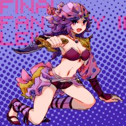 1girl :d armor bandana bare_shoulders bikini bikini_top_only black_shoes blush breasts bright_pupils character_name cleavage collarbone copyright_name dagger eyebrows eyelashes eyes_visible_through_hair facing_away female_focus final_fantasy final_fantasy_ii gem groin high_heels holding holding_dagger holding_knife holding_weapon jewelry knife leila long_hair medium_breasts midriff navel necklace open_mouth pirate purple_bikini purple_eyes purple_hair purple_shorts purple_socks shoes short_shorts shorts shoulder_armor single_bare_shoulder smile socks solo spikes stomach strapless sunagimo_(nagimo) swimsuit text_focus tongue weapon white_pupils