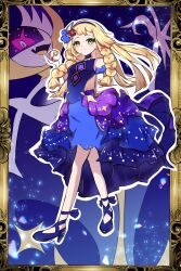 1girl :d bare_shoulders bat_(animal) blonde_hair blue_dress blue_hairband blue_high_heels braid dress elbow_gloves full_body gloves green_eyes hairband highres holding holding_poke_ball lillie_(anniversary_2021)_(pokemon) lillie_(pokemon) long_hair looking_at_viewer nintendo official_alternate_costume open_mouth poke_ball pokemon pokemon_(creature) pokemon_masters_ex premier_ball sino_(pcxg4558) skirt_hold smile solo_focus twin_braids twitter_username white_gloves
