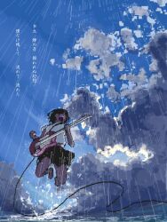 1girl atmospheric_perspective black_hair black_skirt blue_sky cable cloud cloudy_sky electric_guitar full_body guitar hair_over_eyes highres hisachan55cute instrument jumping legs_up midriff music open_mouth original pixel_art playing_instrument rain shirt skirt sky teeth upper_teeth_only white_shirt