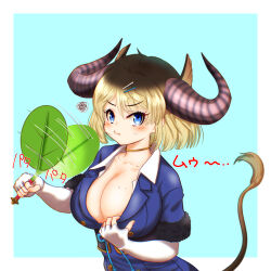 1girl absurdres animal_ears belt black_belt black_fur black_hair blonde_hair blue_eyes blue_jacket breasts cleavage clothes_pull cow_ears cow_girl cow_horns cow_tail elbow_gloves fanning_self fingerless_gloves fur_trim gloves gold_choker gyaru gyumaou_(kemono_friends) hair_between_eyes hair_ornament hairpin hakumaiya highres horns huge_breasts jacket kemono_friends kemono_friends_3 kogal leaf_fan looking_at_viewer multicolored_hair shirt_pull short_hair short_sleeves sidelocks solo tail white_gloves