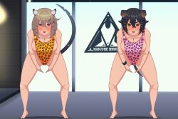 2girls animal_ears animal_print animated animated_png arknights black_hair blonde_hair breasts brown_eyes cleavage full_body haigure_pose hair_ornament hairclip highres jackie_(arknights) leopard_print leotard looking_at_viewer medium_hair multiple_girls orange_leotard pink_leotard purple_eyes sideboob standing tail ugoira utage_(arknights) waia_wai