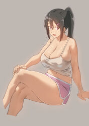 Rule 34 | 1girl, bare arms, black hair, breasts, camisole, cleavage, collarbone, commentary request, crossed legs, dolphin shorts, hair between eyes, highres, large breasts, long hair, looking at viewer, navel, open mouth, original, pink shorts, ponytail, purple eyes, short shorts, shorts, sidelocks, sitting, soia180, solo, thighs, white camisole