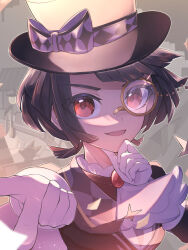 1girl ascot black_hair black_headwear black_jacket blunt_bangs bow bowtie eyes_visible_through_hair gem gen_8_pokemon giving gloves hand_on_own_chin hat hat_bow hat_ribbon highres jacket looking_at_viewer monocle nintendo official_alternate_costume open_mouth pokemon pokemon_(creature) pokemon_masters_ex red_eyes red_gemstone ribbon short_hair smile thievul tonbo_(tonbo63194) white_ascot white_bow white_bowtie white_gloves zinnia_(pokemon) zinnia_(special_costume)_(pokemon)