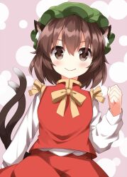 Rule 34 | 1girl, animal ear fluff, animal ears, blush, brown eyes, brown hair, cat ears, cat girl, cat tail, chen, clenched hand, closed mouth, commentary, green hat, hair between eyes, hand up, hat, highres, long sleeves, looking at viewer, mob cap, multiple tails, neck ribbon, pink background, red skirt, red vest, ribbon, ruu (tksymkw), shirt, short hair, skirt, skirt set, smile, solo, symbol-only commentary, tail, touhou, two tails, upper body, vest, white shirt, yellow ribbon