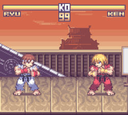 Rule 34 | artist request, barefoot, blonde hair, brown hair, chibi, dougi, fighting stance, fingerless gloves, gloves, headband, karate gi, ken masters, lowres, pixel art, ryu (street fighter), street fighter, street fighter ii