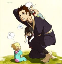 1girl aged_down animal_costume baby babysitter beard black_eyes black_hair blonde_hair brown_hair eyeliner facial_hair facial_mark faiyuuhi frog_costume hair_tied_up japanese_clothes jiraiya_(naruto) kimono lifting_person looking_at_another makeup multiple_boys naruto_(series) nervous_smile on_ground onesie orochimaru_(naruto) pale_skin sarutobi_hiruzen sleeping sleeping_on_person slit_pupils slug slug_costume smile snake snot_bubble socks speech_bubble spiked_hair sweat teacher_and_student thought_bubble tsunade_(naruto) white_hair yellow_eyes zzz