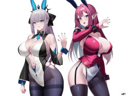 2girls animal_ears asymmetrical_legwear baobhan_sith_(fate) black_bow blue_eyes bow braid breasts choker cleavage clothing_cutout corset detached_sleeves fate/grand_order fate_(series) garter_straps gradient_background grey_eyes groin hair_intakes half_up_braid highres huge_breasts kurozawa_yui large_breasts legs_together long_hair looking_at_viewer morgan_le_fay_(fate) multiple_girls nail_polish navel navel_cutout necktie pale_skin pantyhose pink_hair pointy_ears rabbit_ears signature skindentation thighhighs