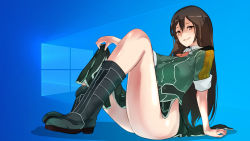 Rule 34 | 1girl, black boots, boots, bow, bowtie, breasts, chikuma (kancolle), commentary request, holding, kantai collection, large breasts, long hair, long skirt, looking at viewer, microsoft windows, no panties, open mouth, pelvic curtain, side slit, sitting, skirt, smile, solo, yamaioni (sasakama)