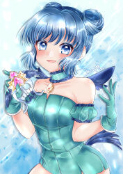 1girl absurdres aizawa_mint bare_shoulders blue_eyes blue_gloves blue_hair blush bow_(weapon) breasts collarbone double_bun dress gloves hair_bun highres holding holding_bow_(weapon) holding_weapon looking_at_viewer medium_breasts mew_mint open_mouth short_hair smile solo strapless strapless_dress tokyo_mew_mew tsukishiro_yayoi_(yumeir0) weapon