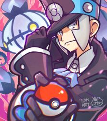 Rule 34 | 1boy, ascot, chandelure, closed mouth, coat, collared shirt, commentary request, gen 5 pokemon, gloves, grey eyes, grey hair, hand on headwear, hat, highres, holding, holding poke ball, ingo (pokemon), ingo (sygna suit) (pokemon), looking at viewer, male focus, nintendo, official alternate costume, poke ball, poke ball (basic), pokemon, pokemon (creature), pokemon masters ex, sasami 642, shirt, short hair, sideburns, signature
