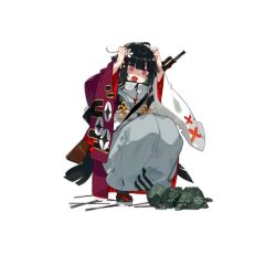 1girl ahoge bayonet black_hair black_pantyhose broken broken_statue broken_weapon c: clothing_request flower flower_request full_body geta girls&#039;_frontline gun gun_on_back hair_flower hair_ornament hands_on_own_head japanese_clothes karei kimono long_hair official_alternate_costume official_art omikuji open_mouth panicking pantyhose red_eyes red_kimono sandals simple_background smile solo squatting statue submachine_gun transparent_background turtle type_100_(girls&#039;_frontline) type_100_(kagura_in_black)_(girls&#039;_frontline) type_100_smg very_long_hair weapon weapon_on_back white_kimono white_sandals zipper