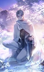 1boy artist_request black_coat black_shawl boots cloak closed_mouth coat dress_pants earrings elf expressionless fringe_trim full_body game_cg grey_boots grey_eyes grey_hair grey_pants hair_between_eyes hand_on_own_thigh highres hood hood_down hooded_cloak ice jewelry lens_flare light_particles lips long_sleeves male_focus mercury_(shining_nikki) mountain nikki_(series) object_floating_above_hand official_art on_one_knee outdoors outstretched_hand pants pointy_ears purple_sky shawl shining_nikki short_hair sky sleeves_past_wrists snowflakes solo sunlight sunrise third-party_source tree white_cloak winter