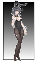 Rule 34 | 1girl, @ @, absurdres, ahoge, alternate costume, animal ears, arknights, bare shoulders, black background, black bow, black bowtie, black hair, black leotard, blush, border, bow, bowtie, breast suppress, breasts, brown pantyhose, chinese commentary, cleavage, closed mouth, commentary request, covered navel, detached collar, embarrassed, fake animal ears, fake tail, flying sweatdrops, full body, gradient background, grey background, grey eyes, grey hair, grey tail, groin, hair intakes, highres, la pluma (arknights), leotard, medium breasts, multicolored hair, muusn, no shoes, outline, pantyhose, playboy bunny, short hair, solo, standing, strapless, strapless leotard, streaked hair, tail, torn clothes, torn pantyhose, traditional bowtie, white border, white outline, wrist cuffs