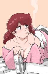 bare_shoulders bed_sheet beer_can breasts brown_eyes can cigarette cleavage drink_can highres japanese_clothes kimono lying maison_ikkoku medium_hair no_bra on_stomach pink_kimono poppowerhearts red_hair roppongi_akemi smoke yellow_background