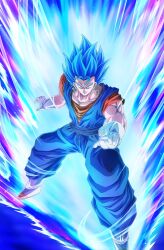 Rule 34 | 1boy, aura, blue eyes, blue hair, blue pants, blue sash, blue shirt, boots, dragon ball, dragon ball super, earrings, full body, gloves, highres, jewelry, mkmochimochi, orange shirt, pants, potara earrings, sash, shirt, smirk, solo, super saiyan, super saiyan blue, vegetto, white boots, white gloves