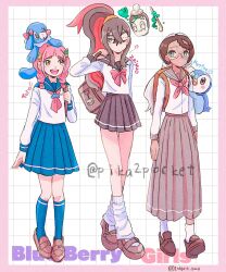3girls :d alternate_costume alternate_hairstyle amarys_(pokemon) backpack bag black_hair black_sailor_collar black_skirt blue_sailor_collar blue_skirt blue_socks bow bowtie braid brown_eyes brown_shoes carmine_(pokemon) character_name closed_mouth crossed_bangs dark-skinned_female dark_skin full_body gen_4_pokemon gen_7_pokemon glasses green_eyes grey_hair grid_background hair_between_eyes hair_ornament hairclip high_ponytail highres lacey_(pokemon) long_hair long_skirt long_sleeves looking_at_another mole mole_under_eye multicolored_hair multiple_girls neckerchief nintendo on_head on_shoulder one_eye_closed open_mouth pika2pocket pink_hair piplup pleated_skirt pokemon pokemon_(creature) pokemon_on_head pokemon_on_shoulder pokemon_sv poltchageist ponytail popplio red_bow red_bowtie red_hair red_neckerchief sailor_collar school_bag school_uniform serafuku shirt shoes short_hair skirt smile socks twin_braids twintails twitter_username two-tone_hair white_shirt white_socks yellow_eyes