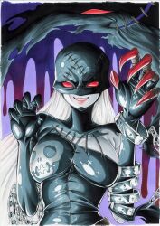 1girl black_bodysuit bodysuit breasts claw_pose colored_skin digimon digimon_(creature) fingernails grey_hair grey_skin highres ladydevimon large_breasts long_fingernails long_hair miura_satoru pink_lips purple_background red_eyes solo upper_body very_long_fingernails