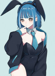 1girl aegyo_sal animal_ear_hairband animal_ears aqua_necktie black_hairband black_jacket black_leotard blue_hair collar commentary_request detached_collar fake_animal_ears grey_eyes hairband highres jacket leotard medium_hair multicolored_hair necktie open_clothes open_jacket original partial_commentary playboy_bunny rabbit_ear_hairband rabbit_ears solo streaked_hair two-tone_hair white_collar yoruse