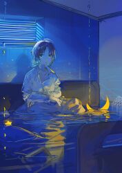 1girl aqua_hair asakura_toru bed bedroom window_blinds blue_eyes blue_theme brown_hair caustics collarbone crescent dress_shirt flood gradient_hair highres idolmaster idolmaster_shiny_colors indoors lamp multicolored_hair night partially_submerged pillow reflection reflective_water shirt short_hair solo star_(symbol) water window zhili_xingzou