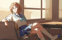 1girl blue_neckerchief blue_skirt brown_hair classroom crossed_legs hibike!_euphonium highres kitauji_high_school_uniform looking_to_the_side matarasu_(aaaaaaaaj) nakagawa_natsuki neckerchief open_window ponytail school_uniform serafuku shirt sketch skirt solo white_shirt window