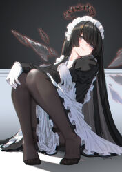 1girl arknights black_eyes black_hair feet highres light_blush long_hair maid pantyhose smile toes virtuosa_(arknights) yamauchi_(conan-comy)