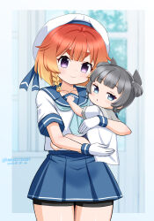 Rule 34 | 2girls, bike shorts, blue eyes, blue neckerchief, blue sailor collar, blue skirt, bob cut, braid, carrying, child carry, etorofu (kancolle), gloves, gradient hair, grey hair, grey sailor collar, hat, headgear, i-36 (kancolle), kantai collection, looking at viewer, masara (chuujou), multicolored hair, multiple girls, neckerchief, purple eyes, red hair, sailor collar, sailor hat, sailor shirt, school uniform, serafuku, shirt, shorts, shorts under skirt, side braid, side braids, skirt, smile, thick eyebrows, white gloves, white hat
