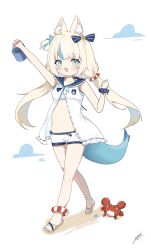 1girl ahoge animal_ears blonde_hair blue_eyes blue_hair breasts bucket cat_ears crab dress fang fins fish_girl fish_tail highres holding holding_bucket indie_virtual_youtuber long_hair looking_at_viewer low_twintails navel one_side_up open_mouth raccoon_uri sameko_saba sandals short_shorts shorts skin_fang sleeveless sleeveless_dress small_breasts smile solo tail twintails virtual_youtuber white_dress white_shorts