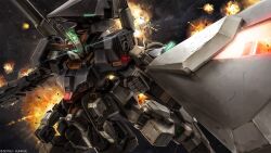 Rule 34 | absurdres, advance of zeta, battle, beam cannon, beam rifle, cable, debris, energy gun, explosion, extra arms, gundam, gundam battle operation 2, gundam tr-1 hazel, highres, lens flare, machinery, mecha, mecha focus, mobile suit, nebula, no humans, official art, painting (medium), realistic, robot, scan, science fiction, space, star (sky), sunrise (company), tenjin hidetaka, titans (gundam), titans test team (gundam), traditional media, v-fin, weapon