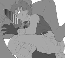 1boy 1girl absurdres bandaged_hand bandages bar_censor belt black_belt black_boots black_gloves boots cargo_pants censored clothed_female_nude_male clothed_sex cyrano_(aazzss3) dragon_ball dragon_ball_(classic) erection faceless faceless_male fellatio female_pubic_hair forced gloves goggles goggles_around_neck greyscale hand_on_another&#039;s_head hand_on_another&#039;s_thigh highres implied_rape irrumatio large_penis licking licking_testicle molestation monochrome nude oral pants penis pubic_hair rape short_hair simple_background solo_focus sweat tank_top testicles veins veiny_penis violet_(dragon_ball) white_background