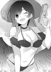 1girl alternate_costume bikini blush breasts cleavage collarbone commentary_request cowboy_hat earrings feathered_wings greyscale hat highres holding holding_water_gun horseshoe_earrings jewelry kurokoma_saki large_breasts lens_flare long_hair looking_at_viewer meimei_(meimei89008309) monochrome navel one_eye_closed open_mouth pegasus_wings smile solo sweat swimsuit touhou water_gun wings