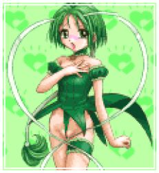 1girl antennae blush choker collarbone detached_sleeves dress embarrassed green_background green_dress green_eyes green_hair green_leotard hand_on_own_chest heart heart_background highleg highleg_leotard leotard looking_at_viewer mew_lettuce midorikawa_lettuce open_mouth pixel_art pubic_hair ribbon saiwai_hiroshi short_hair short_sleeves sleeveless sleeveless_dress standing thigh_strap tokyo_mew_mew wind wind_lift