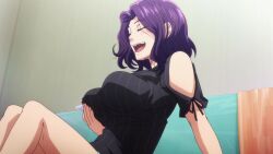 1girl animated anime_screenshot black_shirt blush bouncing_breasts breast_lift breasts closed_eyes grand_blue hamaoka_azusa highres large_breasts medium_hair open_mouth parted_bangs purple_hair shirt sound tagme teeth thighs upper_teeth_only video