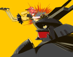 Rule 34 | 1girl, absurdres, aiba ami, alphamon, armor, black armor, black helmet, black shirt, black skirt, blue eyes, breasts, creature, creature focus, dawu233, digimon, digimon (creature), digimon story: cyber sleuth, fake horns, forehead jewel, gem, gloves, goggles, goggles on head, helmet, highres, horned helmet, horns, knight, kuremi kyouko, mecha, print shirt, raglan sleeves, red gemstone, red hair, robot, shirt, shoulder armor, side ponytail, simple background, skirt, smile, thighhighs, two-tone shirt, yellow eyes, yellow shirt, yellow thighhighs