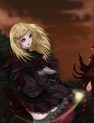 Rule 34 | 1girl, aura, bandai namco, black sclera, blonde hair, cloud, colored sclera, commentary, corruption, english commentary, glowing, highres, holding, holding sword, holding weapon, long hair, looking at viewer, looking back, looking to the side, open mouth, orange eyes, outdoors, parted lips, possessed, pyrrha alexandra, pyrrha omega, solo, soul calibur, soulcalibur, soulcalibur iv, soulcalibur v, sword, syahilla, thighs, weapon, yellow eyes