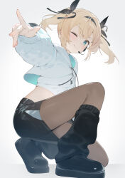 Rule 34 | 1girl, aqua eyes, black shoes, black skirt, black socks, blonde hair, blush, brown pantyhose, closed mouth, commentary request, crop top, cropped hoodie, full body, hair ribbon, hana mori, headset, highres, hololive, hood, hood down, hoodie, jewelry, kazama iroha, kazama iroha (pop dance), long hair, long sleeves, looking at viewer, midriff, miniskirt, necklace, official alternate costume, on one knee, one eye closed, pantyhose, puffy long sleeves, puffy sleeves, ribbon, shirt, shoes, simple background, skirt, sleeves past wrists, smile, socks, solo, twintails, undershirt, virtual youtuber, white background, white hoodie, white shirt