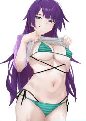 Rule 34 | 1girl, alternate costume, arril100, bikini, blue eyes, blush, breasts, clothes lift, commentary, covered erect nipples, cowboy shot, highres, large breasts, long hair, long sleeves, looking at viewer, micro bikini, monogatari (series), navel, purple hair, purple shirt, senjougahara hitagi, shirt, shirt lift, simple background, smile, solo, stomach, striped bikini, striped clothes, swimsuit, symbol-only commentary, very long hair, wet, white background, white shirt