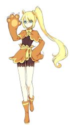 1girl animal_ears bear_ears bear_girl bear_paws blonde_hair blue_eyes boots bubbles_(seleri&#039;s_lament) capelet commentary english_commentary high_side_ponytail highres long_hair official_art orange_boots orange_capelet raingarita seleri&#039;s_lament side_ponytail