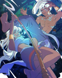 110isato 1boy 1girl absurdres atlantis atlantis:_the_lost_empire barefoot choppy_bangs crystal crystal_necklace dark-skinned_female dark-skinned_male dark_skin disney earrings facial_mark genderswap highres jewelry kidagakash leaf long_hair midair midriff polearm ponytail princess spear tattoo topless_male tree tribal_tattoo weapon white_hair