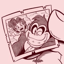 1boy 1girl artist_name artist_request brandon_santiago donkey_kong donkey_kong_(series) donkey_kong_bananza freckles fur monochrome nintendo one_eye_closed open_mouth pauline_(mario) photo_(object) red_theme sketch smile teeth