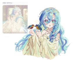 +_+ 1girl 37_(down_in_the_grotto)_(reverse:1999) 37_(reverse:1999) :d bare_shoulders bird bird_on_hand blue_hair cape cropped_torso cynthia_(uuzz5324) game_screenshot_inset hair_between_eyes hair_ornament hands_up highres long_hair looking_at_viewer official_alternate_costume one-piece_swimsuit open_mouth reference_inset reverse:1999 smile solo swimsuit upper_body very_long_hair white_background white_cape white_one-piece_swimsuit