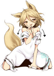 1girl :p animal_ears arrow_(symbol) blush breasts commentary_request covered_navel fox_ears fox_shadow_puppet fox_tail hair_between_eyes hand_up harusame_(unmei_no_ikasumi) holding holding_test_tube jumpsuit kudamaki_tsukasa light_brown_hair looking_to_the_side off_shoulder romper short_hair short_sleeves simple_background sitting small_breasts solo tail test_tube tongue tongue_out touhou vial wariza white_background white_jumpsuit