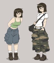 1girl absurdres arms_behind_back belt breasts brown_eyes brown_hair brown_shoes camouflage camouflage_pants cargo_pants cargo_shorts collarbone green_tank_top grey_shorts hand_in_pocket highres looking_at_viewer medium_breasts original pants round_eyewear shirt shoes short_hair shorts socks tank_top vee_(427deer) white_belt white_shirt white_socks